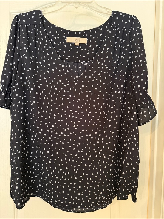 LOFT Tops - LOFT Navy and White Polka Dot V-Neck Blouse